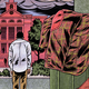 an illustration of a man in a white shirt on a university campus walking away from a trash can, upon which is slung a brown-and-red tweed jacket